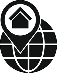 Poster - Black icon of a house location pinpointing on a world map, representing global real estate