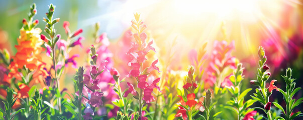 Cheerful spring background with a field of snapdragons, bright sunlight, and clear skies.