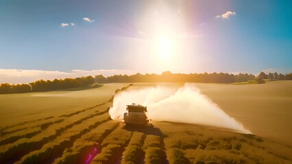 Poster - Combine Harvester Harvesting Wheat Field at Sunset Generative AI