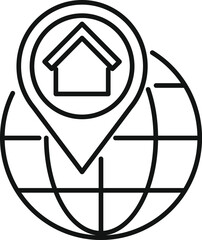 Poster - Line art icon of a location pin pointing a house on a globe, representing the concept of global real estate