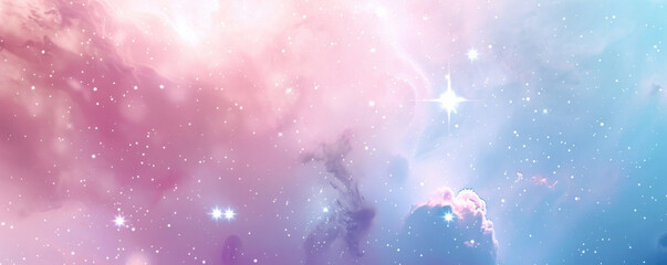 dreamy space background with soft pink and blue hues, scattered stars, and gentle nebulae.