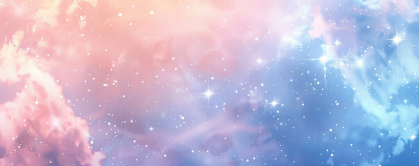 Dreamy space background with soft pink and blue hues, scattered stars, and gentle nebulae.