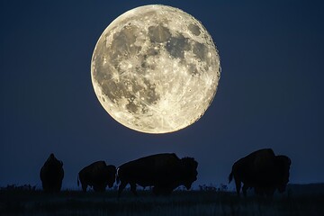 A full moon above a prairie with the silhouette of a bison herd