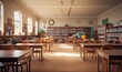 © Александр Михайлюк - An empty classroom with lots of desks and bookshelves