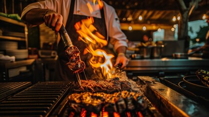 Photograph of grilled meat with a torch by Chef Yingfire in the kitchen.