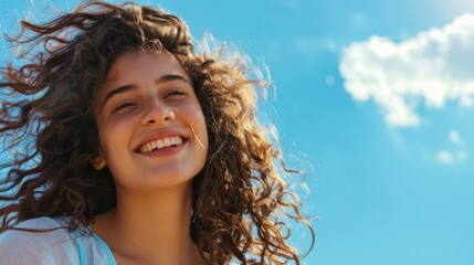 Wall Mural - A woman with curly hair is smiling and looking up at the sky