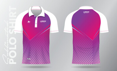 pink and purple jersey polo shirt mockup template design for badminton, tennis, soccer, football or sport uniform in front view and back view.