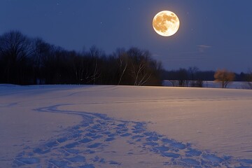 Wall Mural - A full moon casting its light on a field of snow, with animal tracks leading away