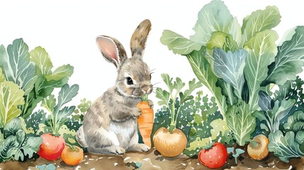 Sticker - Watercolor painting of a bunny eating a carrot in a garden.