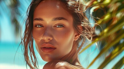 Wall Mural - Beautiful tanned girl on a background of a tropical resort