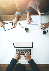 Poster - Tablet, laptop or screen mockup by business people in top view office with financial documents, budget or review. Economy, hands or accounting team in meeting for inflation, solution or brainstorming