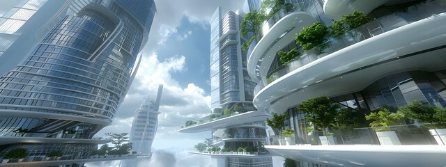 Poster - futuristic skyline with innovative architectural designs blending nature and technology