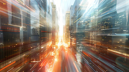 Aufkleber - Urban canyon at sunset filled with colorful light trails from rushing city traffic