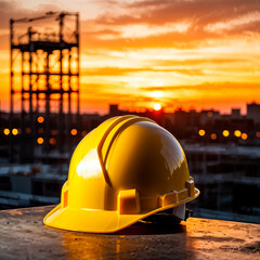 Yellow hard hat safety helmet and blueprint on a desk at construction site, engineering and construction industry concept