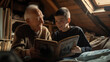 © XaMaps - Grandfather and grandson sharing a laugh over an old photo album in the attic surrounded by memorabilia.