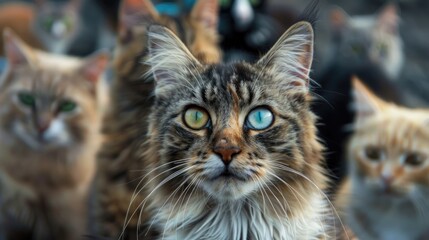 Poster - Fluffy cats with varying colored eyes and homeless felines on the streets