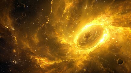 Canvas Print - Yellow abstract background depicting a star explosion being drawn towards a black hole