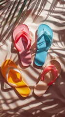 Wall Mural - Three pairs of colorful flip flops laying on a beach