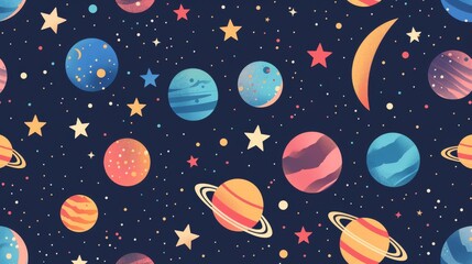 Wall Mural - flat design of celestial bodies like stars and moons in a seamless pattern for a cosmic theme.