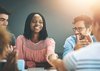 Fototapete - Interview, applause and business woman with handshake for hr in office celebration, support or recruitment success. Thank you, promotion and people shaking hands for contract offer, intro or b2b deal