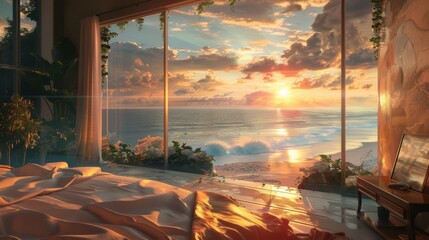 Wall Mural - A bedroom with a view of the ocean