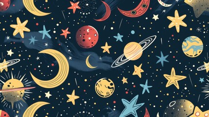 Wall Mural - flat design of celestial bodies like stars and moons in a seamless pattern for a cosmic theme.