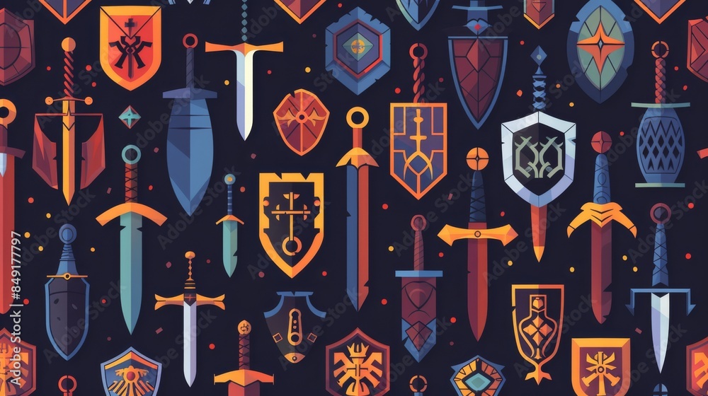 Seamless pattern of flat medieval icons like swords and shields for a ...