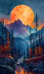 Wall Mural - geometric landscape with geometric triangular mountains and trees, teal blue orange colour scheme -