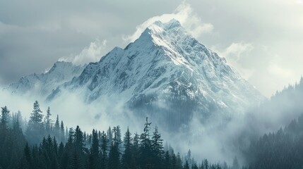 Poster - Tranquil view of a majestic snow covered mountain in the forest during the day