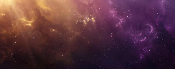 Mystical space background with deep purple and gold nebulae, twinkling stars, and dark space.