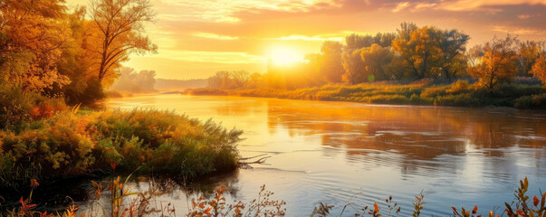 Peaceful autumn background with a quiet river, colorful trees, and a soft sunset.