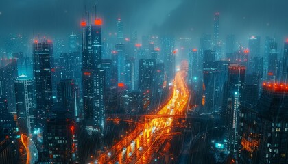 Wall Mural - Futuristic digital cityscape with towering skyscrapers and illuminated highways