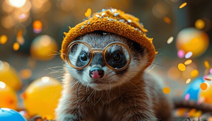 Ferret in a Party Hat and Round Glasses Crawling Through Confetti and Balloons in an Indoor Setting with Warm Lighting