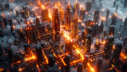 Poster - Abstract city grid at night, with illuminated streets and glowing skyscrapers