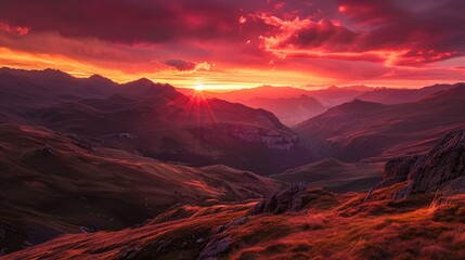 Poster - Sunset casting warm red and orange hues over mountain landscape