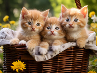 Wall Mural - Group of cute kittens sitting together in a basket, blurry background 
