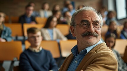 Wall Mural - Photo of an adult professor giving a lecture to a group of university students and looking at the camera.