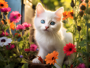 Wall Mural - Close up of a cute curious kitten exploring a garden full of colorful flowers