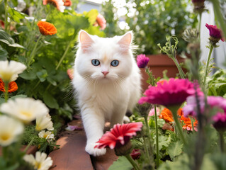 Wall Mural - Close up of a cute curious kitten exploring a garden full of colorful flowers