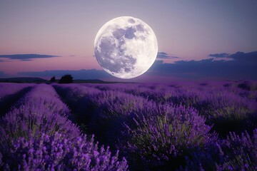 Wall Mural - A full moon shining on a field of lavender, creating a surreal purple glow