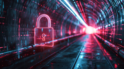 Poster - Futuristic tunnel with a glowing padlock symbolizing cybersecurity and data protection