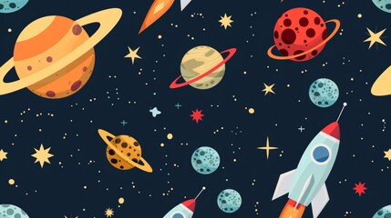 Wall Mural - flat design of celestial themes like planets and rocket ships in a seamless pattern for a space them