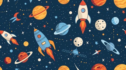 Wall Mural - flat design of celestial themes like planets and rocket ships in a seamless pattern for a space them