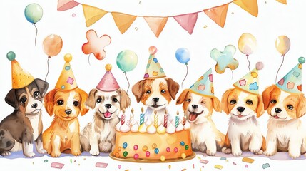 Poster - A group of adorable puppies wearing party hats celebrate with a cake and balloons.