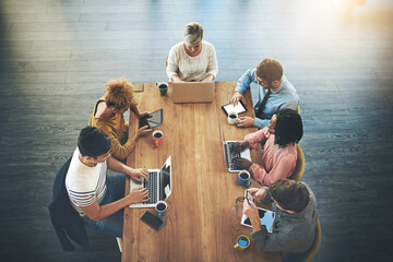 Poster - Office, teamwork and above of business people in meeting, project feedback and planning. Creative agency, laptop and men and women with documents for discussion, collaboration and brainstorming