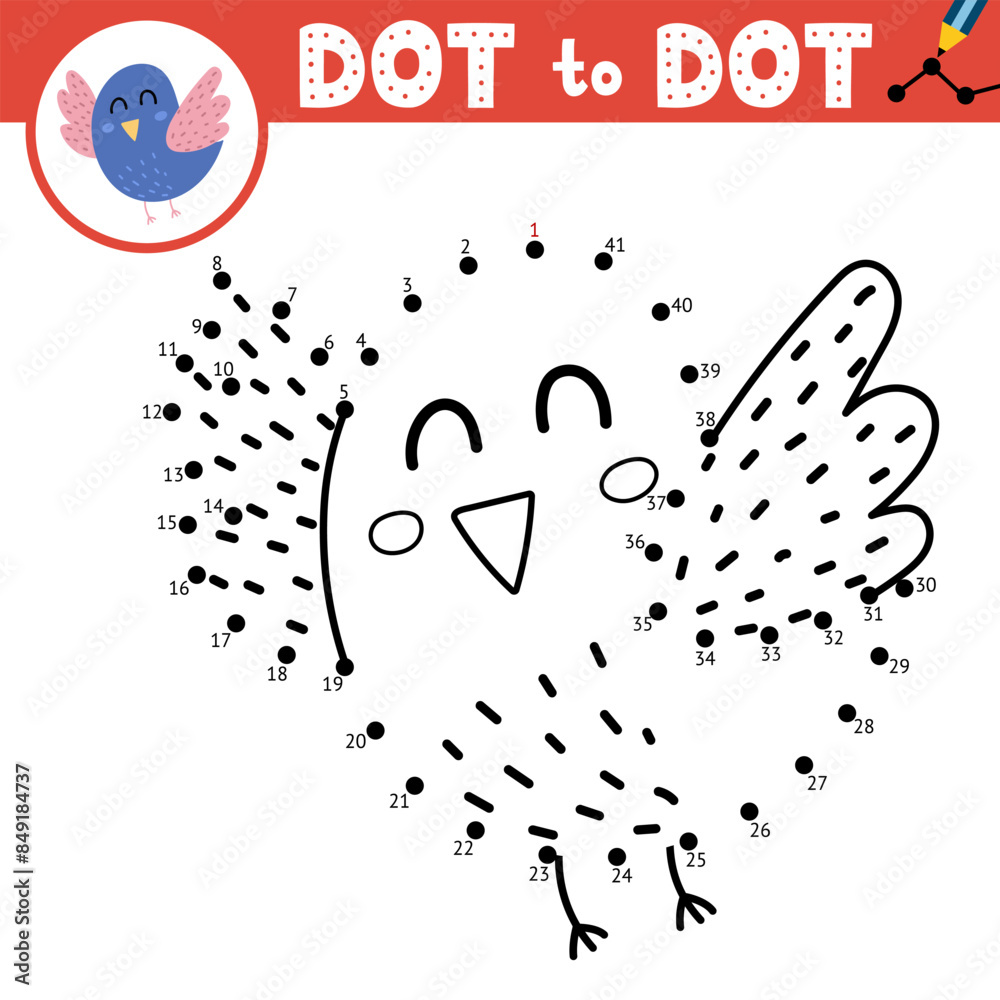 Dot to dot game for kids. Connect the dots and draw a cute flying bird ...
