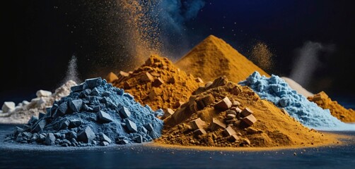 Pile of different rare mineral clays ground to powder, as well as bound and enclosed in various rocks for the technical industry