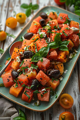 A vibrant watermelon salad with feta, cucumber and olives on an old white wooden table. The colorful mix of reds from the Watermelons contrasted against green leaves of basil for depth, with two small