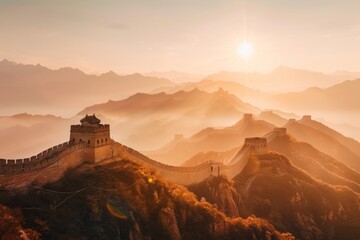 Wall Mural - The Great Wall of China at sunrise on a sunny day with a beautiful view for landscape photography. 