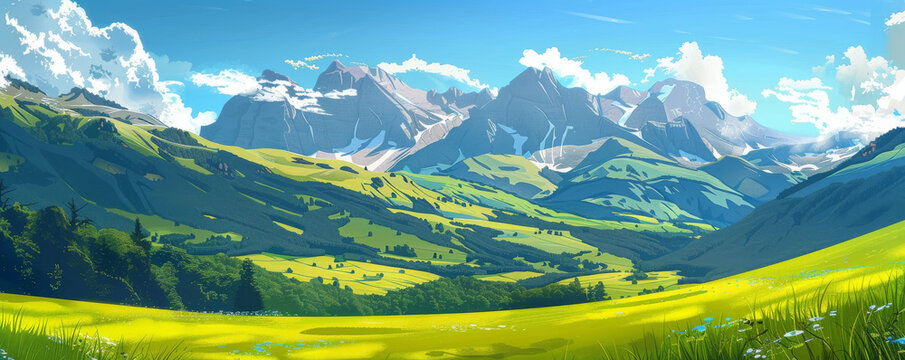 Summer background with a scenic mountain landscape, green valleys, and blue skies: Refreshing and picturesque, perfect for a summer mountain escape
